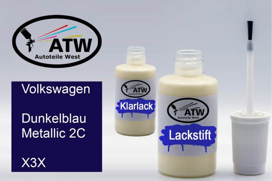 Volkswagen, Dunkelblau Metallic 2C, X3X: 20ml Lackstift + 20ml Klarlack - Set, von ATW Autoteile West.